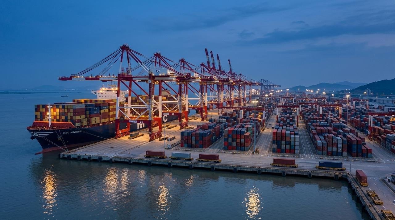 Container terminal with cranes at dusk