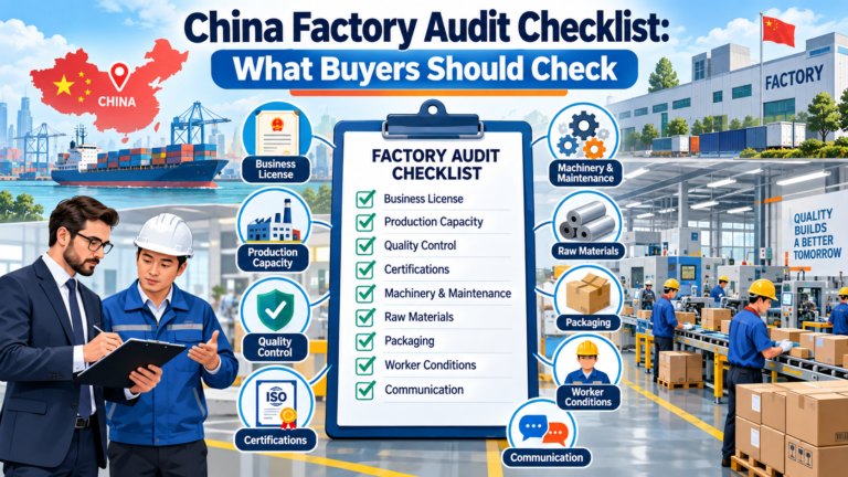 Factory audit checklist with seven areas: legal status, capacity, equipment, materials, quality system, workforce and safety