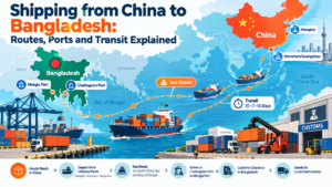 Map of sea routes from Chinese ports to Chattogram, direct and via transhipment hubs, with an air route to Dhaka