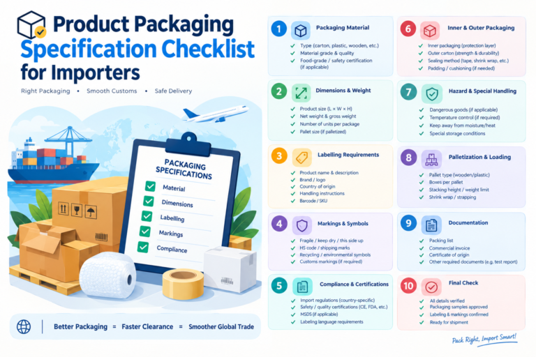 Packaging specification checklist for importers covering unit pack, inner carton, master carton, labels and approval samples