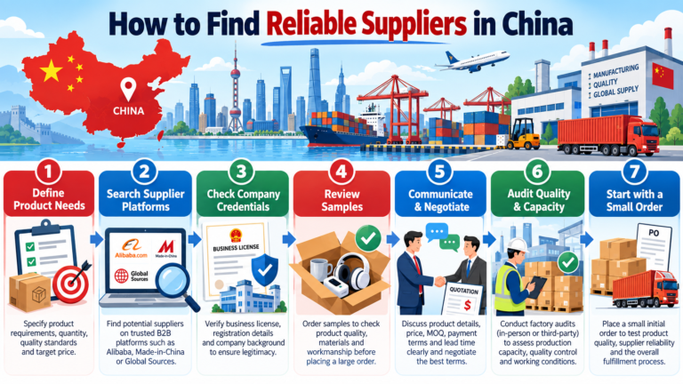 Five supplier discovery routes in China narrowing into a shortlist of three to five suppliers