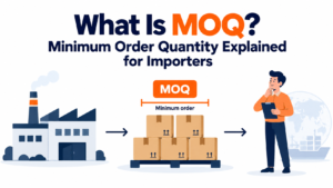Chart showing unit cost falling as order quantity rises, with the supplier's minimum order quantity marked