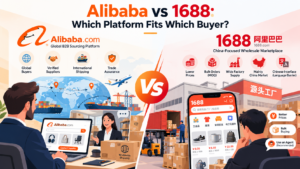 Side-by-side illustration comparing Alibaba.com for international buyers with 1688.com for China's domestic wholesale market
