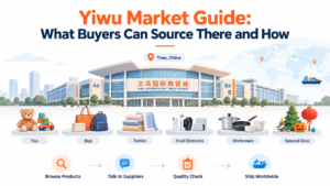 Illustrated map of Yiwu International Trade City districts with the main product categories in each